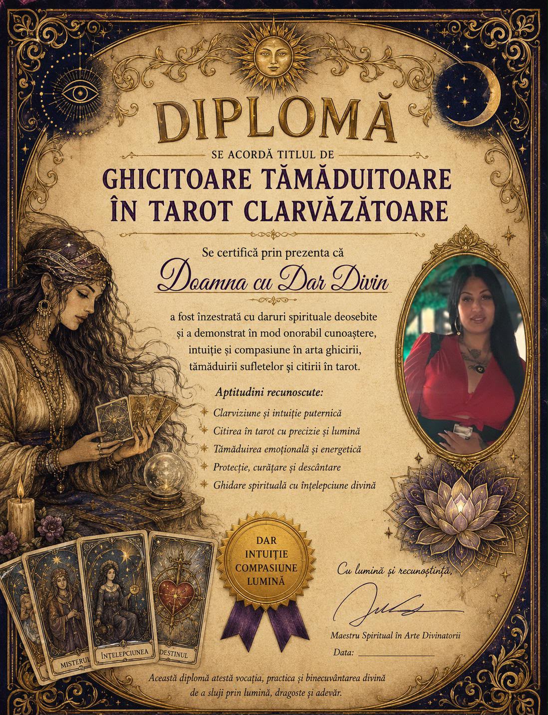 Diplomă și portret Clarvăzătoarea Flory — ghicitoare tămăduitoare în tarot clarvăzătoare